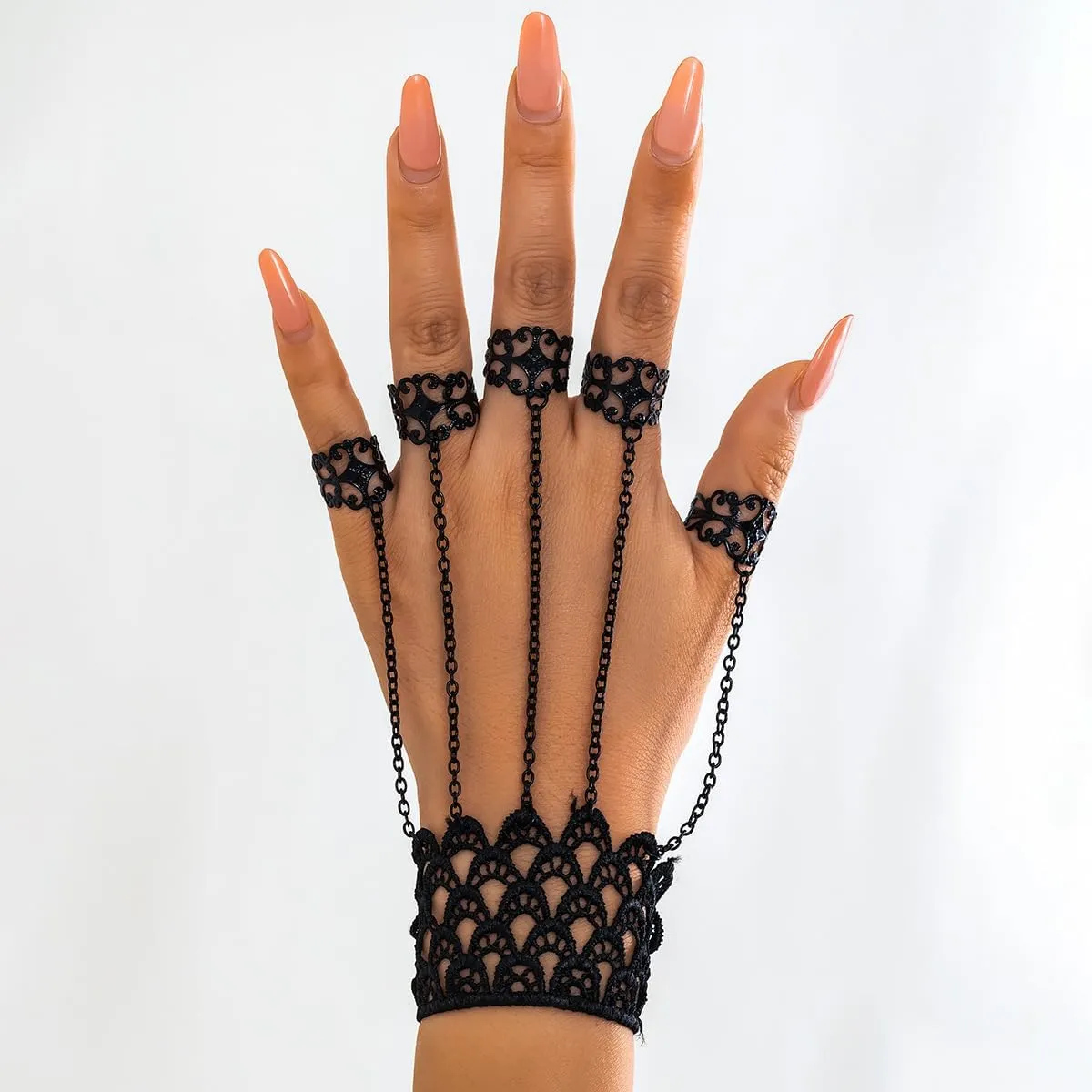 Gothic Slave Bracelets for Women Black Sexy Hollow Lace Hand Chain Adjustable Half Open Rings Tassel Punk Butterfly Slave Finger Bracelet Statement Jewelry for Girls