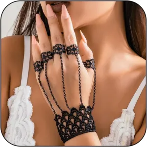 Gothic Slave Bracelets for Women Black Sexy Hollow Lace Hand Chain Adjustable Half Open Rings Tassel Punk Butterfly Slave Finger Bracelet Statement Jewelry for Girls