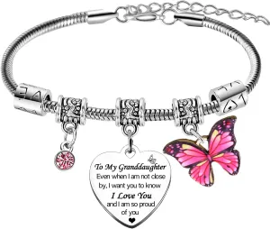 Granddaughter Charm Bracelet Gifts I Love Gifts for Granddaughter Christmas Birthday Gifts from Grandma Grandpa Proud Of You Gifts for Granddaughter Graduation Gifts Butterfly Bracelet Gifts Heart Rhinestones Bracelet Jewelery