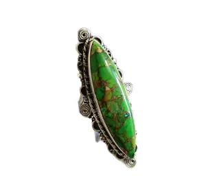 Green Copper Turquoise Ring, Long Ring, Large Designer Ring, Vintage Style, Sterling Silver Ring, Handmade Jewelry, Full Finger Ring, Engagement Gift, Promise Jewelry, Natural Big Turquoise Ring, Gift