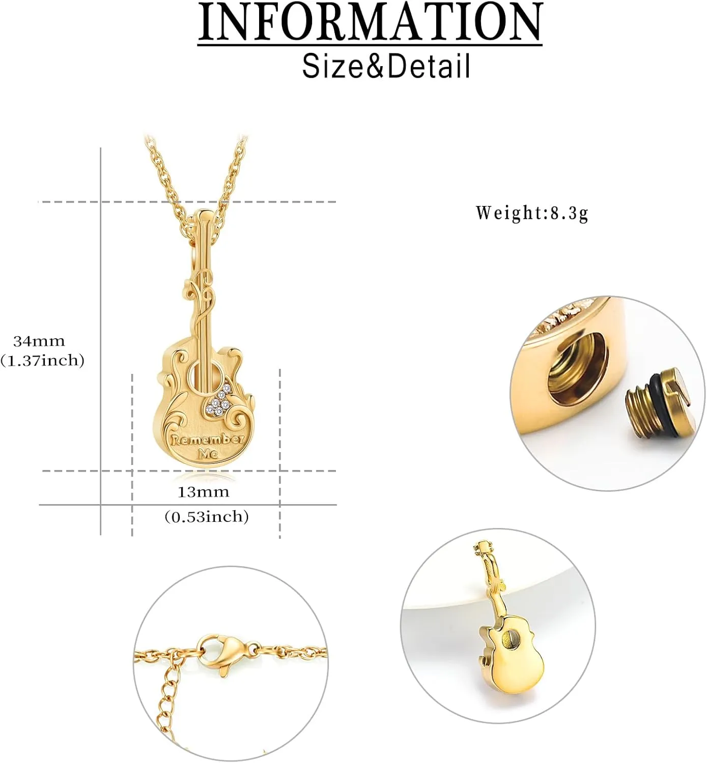 Guitar Urn Necklace for Ashes Stainless Steel Cremation jewelry Crystal Guitar Lover Music Keepsake Memorial Pendant for Men Women Gift