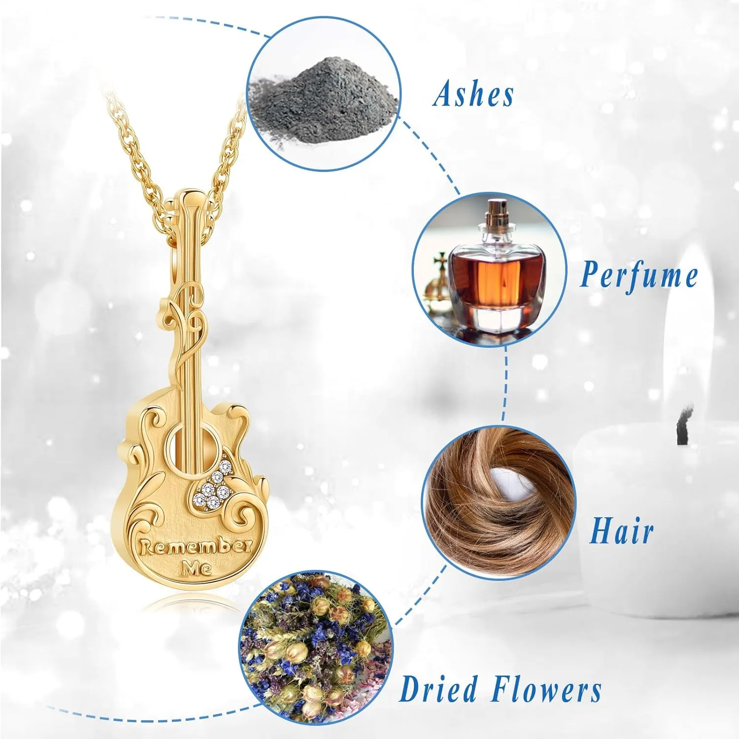 Guitar Urn Necklace for Ashes Stainless Steel Cremation jewelry Crystal Guitar Lover Music Keepsake Memorial Pendant for Men Women Gift