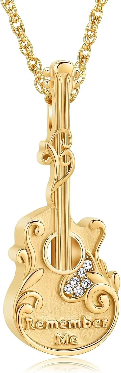 Guitar Urn Necklace for Ashes Stainless Steel Cremation jewelry Crystal Guitar Lover Music Keepsake Memorial Pendant for Men Women Gift