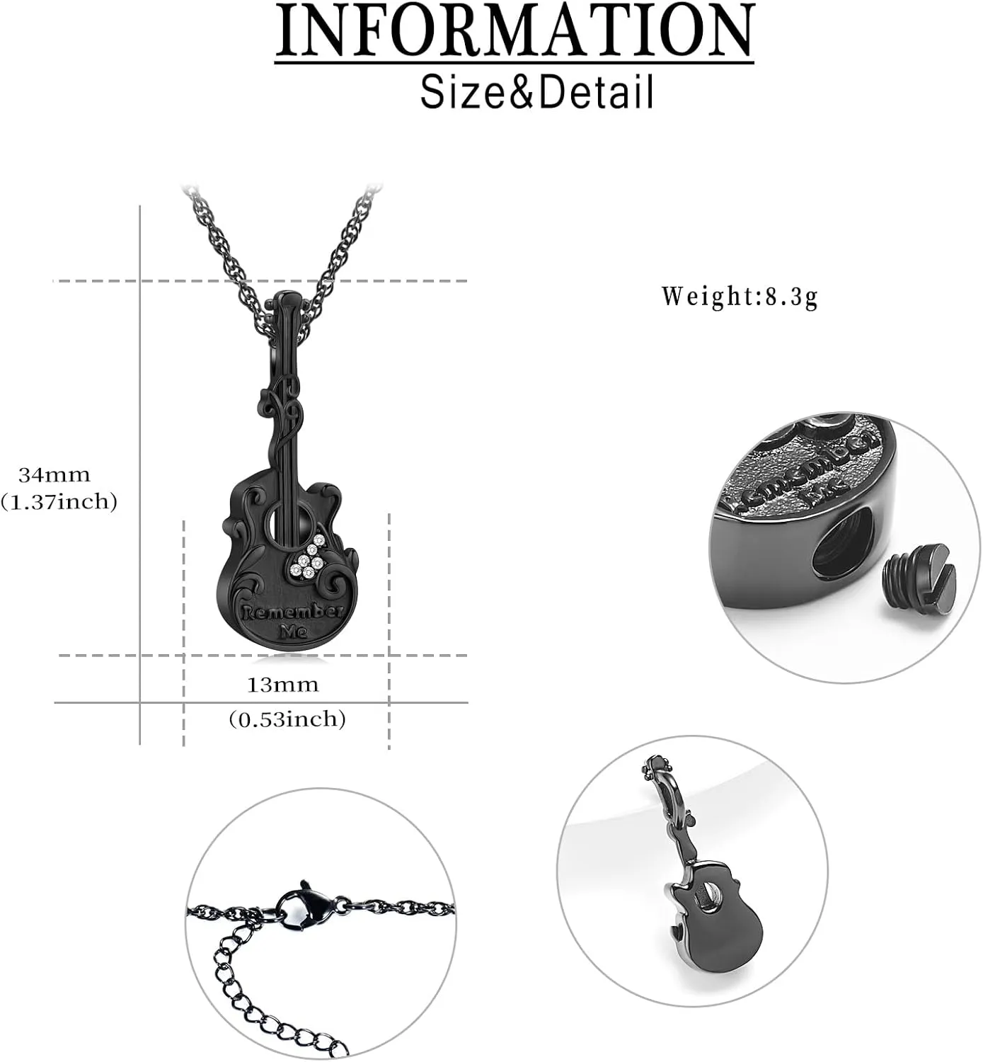 Guitar Urn Necklace for Ashes Stainless Steel Cremation jewelry Crystal Guitar Lover Music Keepsake Memorial Pendant for Men Women Gift