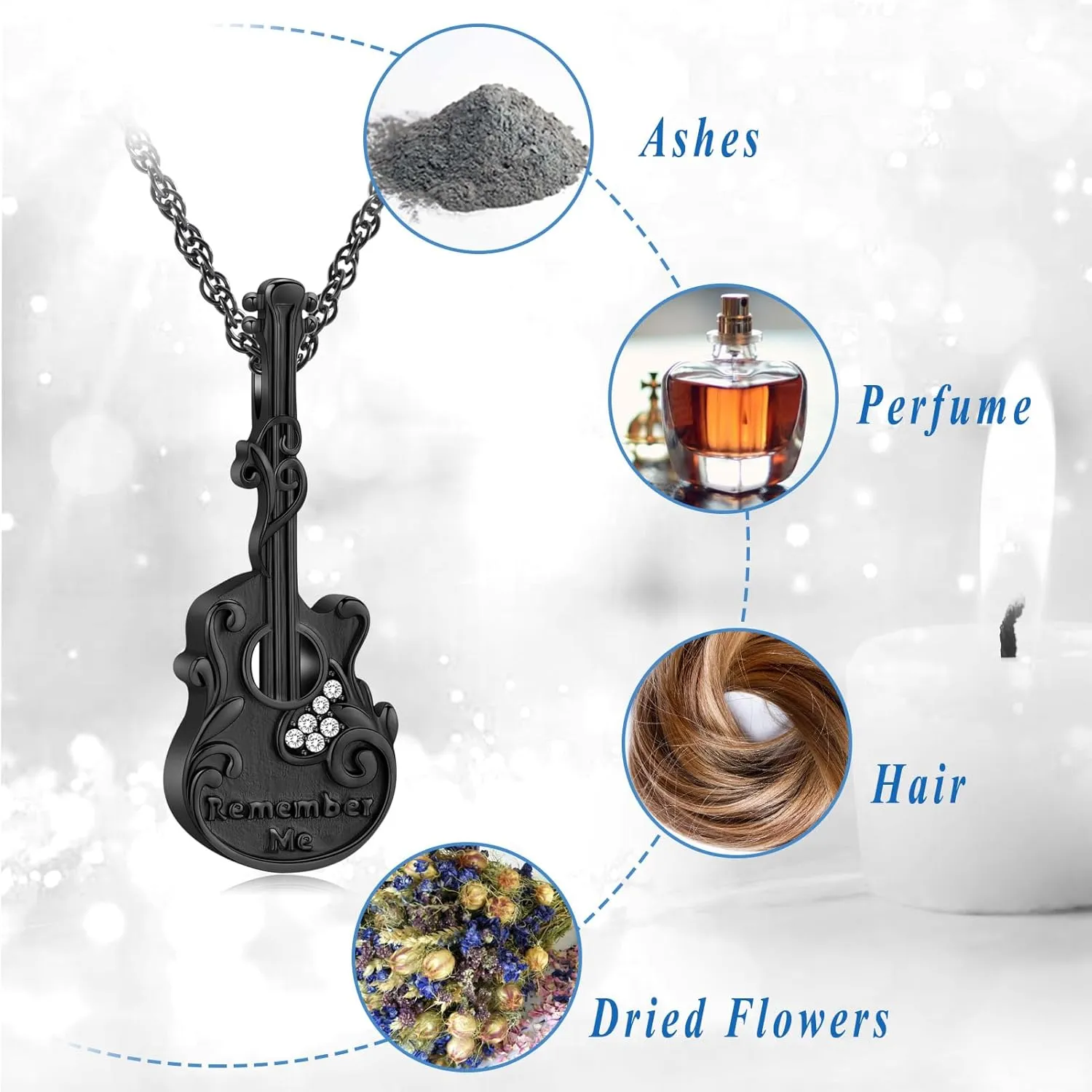 Guitar Urn Necklace for Ashes Stainless Steel Cremation jewelry Crystal Guitar Lover Music Keepsake Memorial Pendant for Men Women Gift