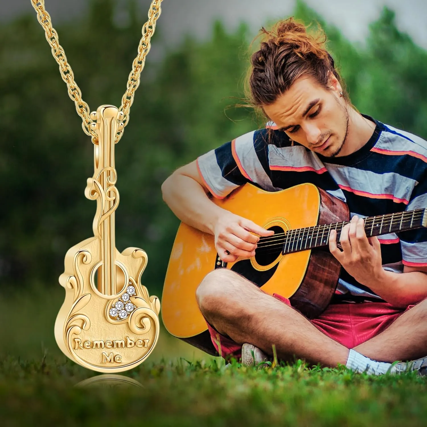 Guitar Urn Necklace for Ashes Stainless Steel Cremation jewelry Crystal Guitar Lover Music Keepsake Memorial Pendant for Men Women Gift