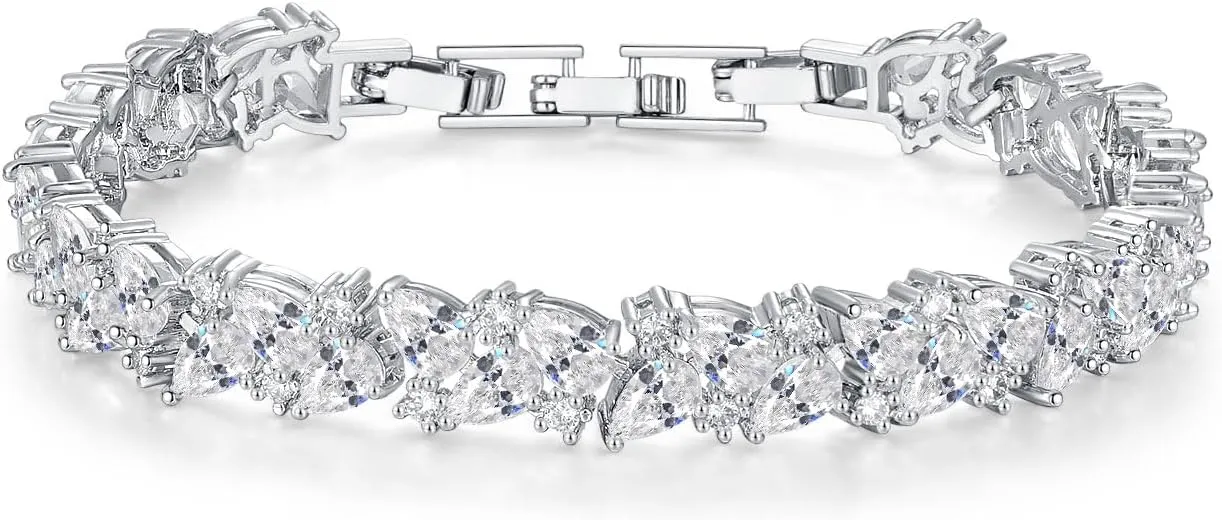 Hadskiss Wedding Tennis Bracelet for Brides Bridesmaid, White Gold Plated Marquise Cubic Zirconia Prom Jewelry, Silver Bracelet Wedding Party Jewelry for Women