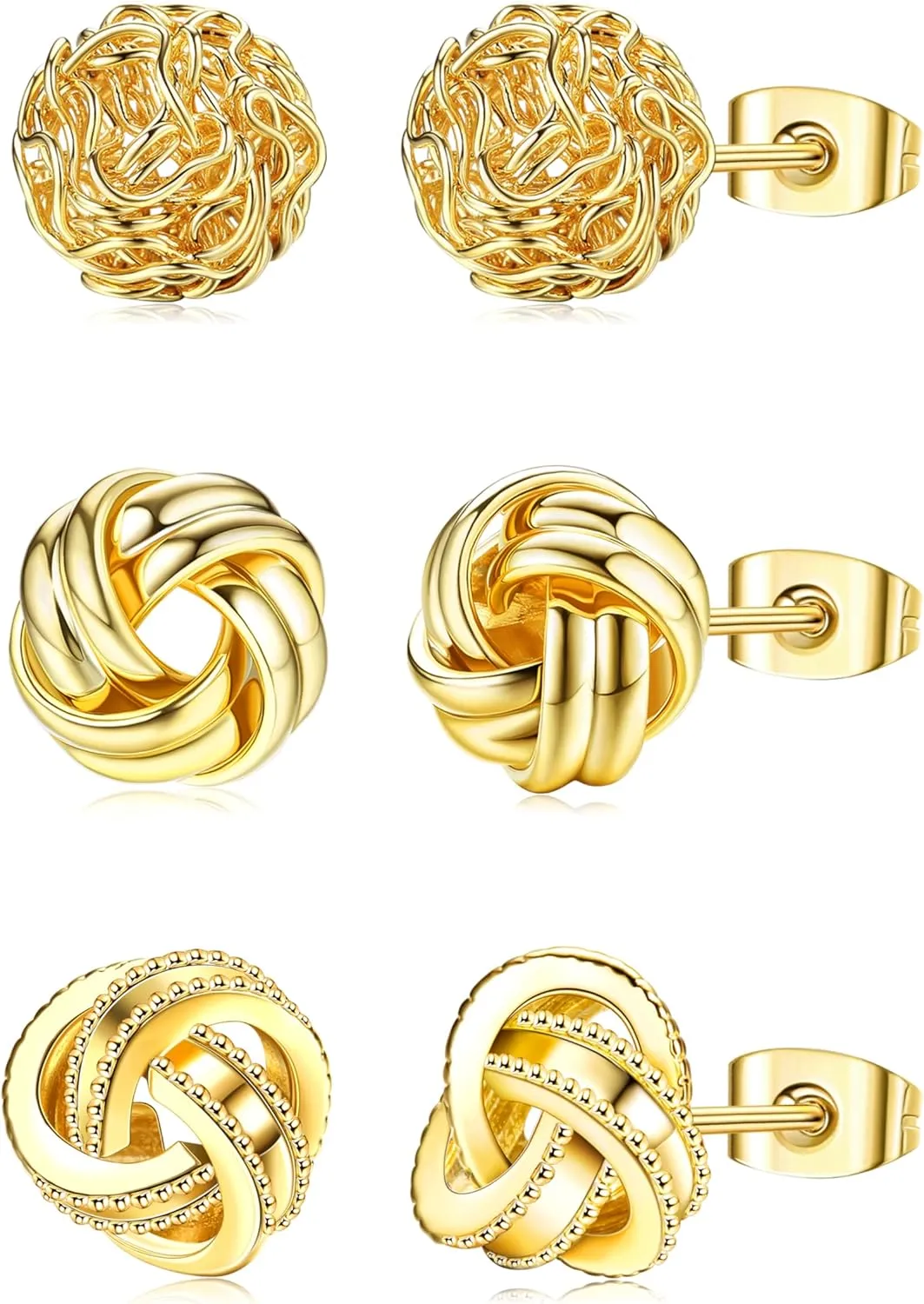 HAIAISO 3 Pairs Gold Love Knot Earrings For Women 14K Gold Plated Woven Ball Stud Earrings Love Knot Post Earrings for Sensitive Ears