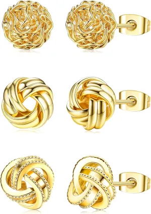 HAIAISO 3 Pairs Gold Love Knot Earrings For Women 14K Gold Plated Woven Ball Stud Earrings Love Knot Post Earrings for Sensitive Ears