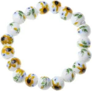 Handmade 10mm Porcelain Sunflowers Buddhist Mala Prayer Beads Strand Beaded Bracelet for Girls Womens