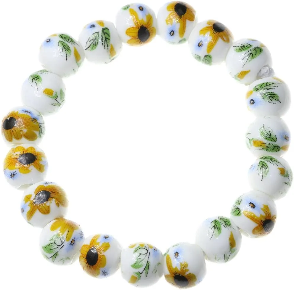 Handmade 10mm Porcelain Sunflowers Buddhist Mala Prayer Beads Strand Beaded Bracelet for Girls Womens