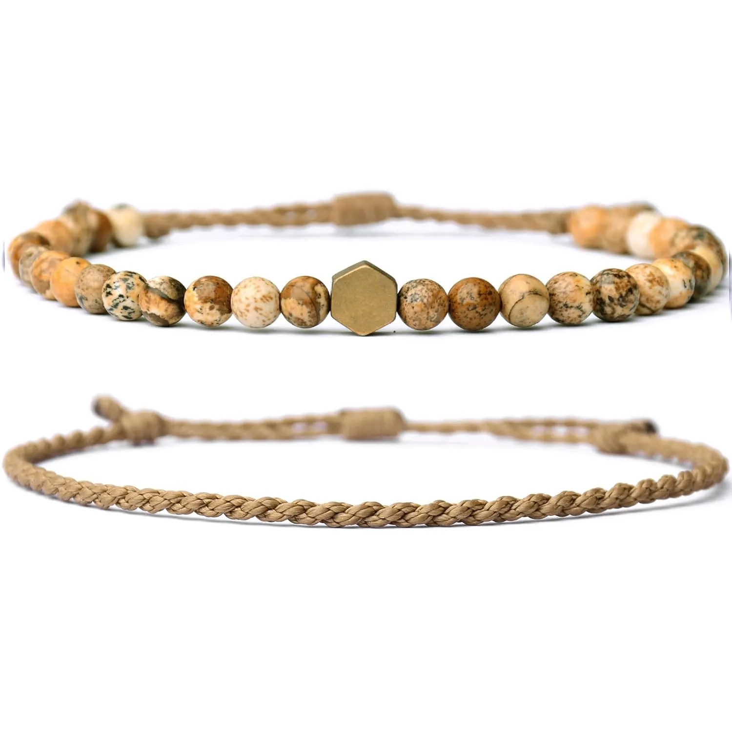 Handmade Natural Gemstone Beaded Healing Bracelet for Men, Adjustable Waterproof Rope String Bracelet with Hexagonal Retro Brass Bead (Picture Jasper, /)
