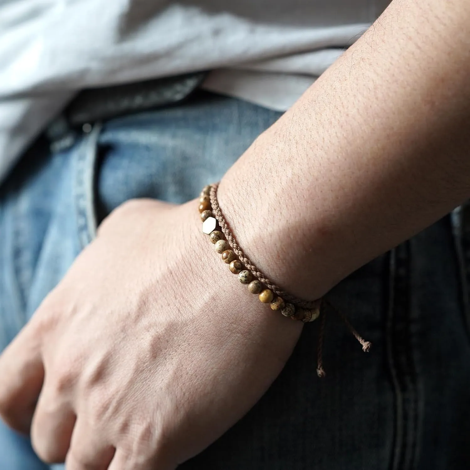 Handmade Natural Gemstone Beaded Healing Bracelet for Men, Adjustable Waterproof Rope String Bracelet with Hexagonal Retro Brass Bead (Picture Jasper, /)