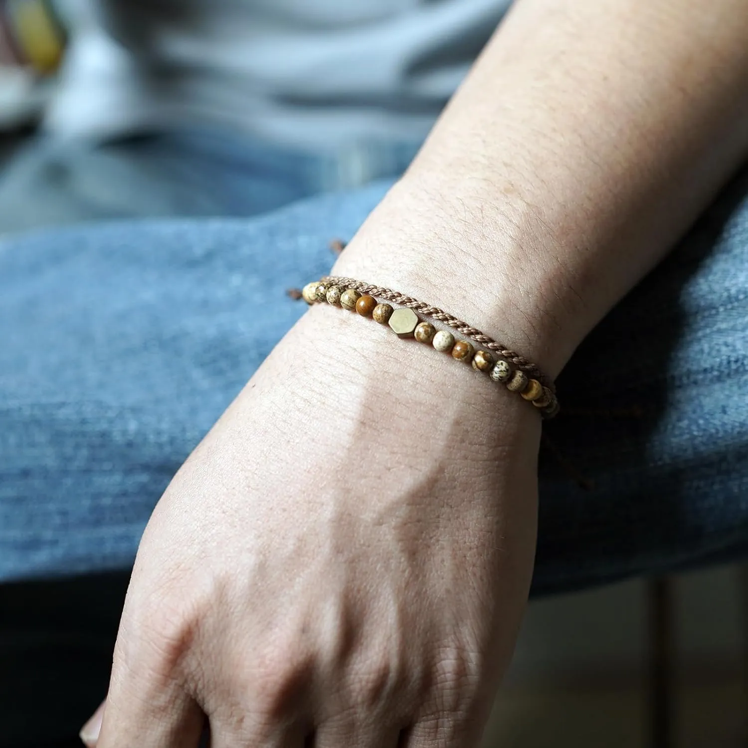 Handmade Natural Gemstone Beaded Healing Bracelet for Men, Adjustable Waterproof Rope String Bracelet with Hexagonal Retro Brass Bead (Picture Jasper, /)