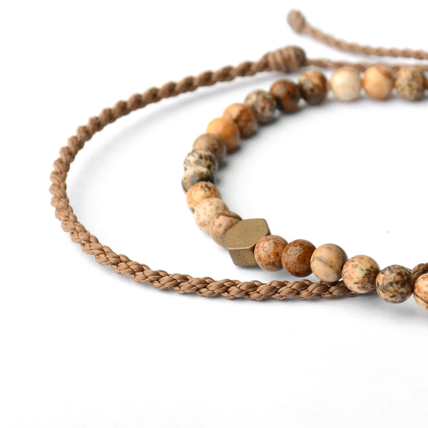 Handmade Natural Gemstone Beaded Healing Bracelet for Men, Adjustable Waterproof Rope String Bracelet with Hexagonal Retro Brass Bead (Picture Jasper, /)