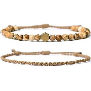 Handmade Natural Gemstone Beaded Healing Bracelet for Men, Adjustable Waterproof Rope String Bracelet with Hexagonal Retro Brass Bead (Picture Jasper, /)