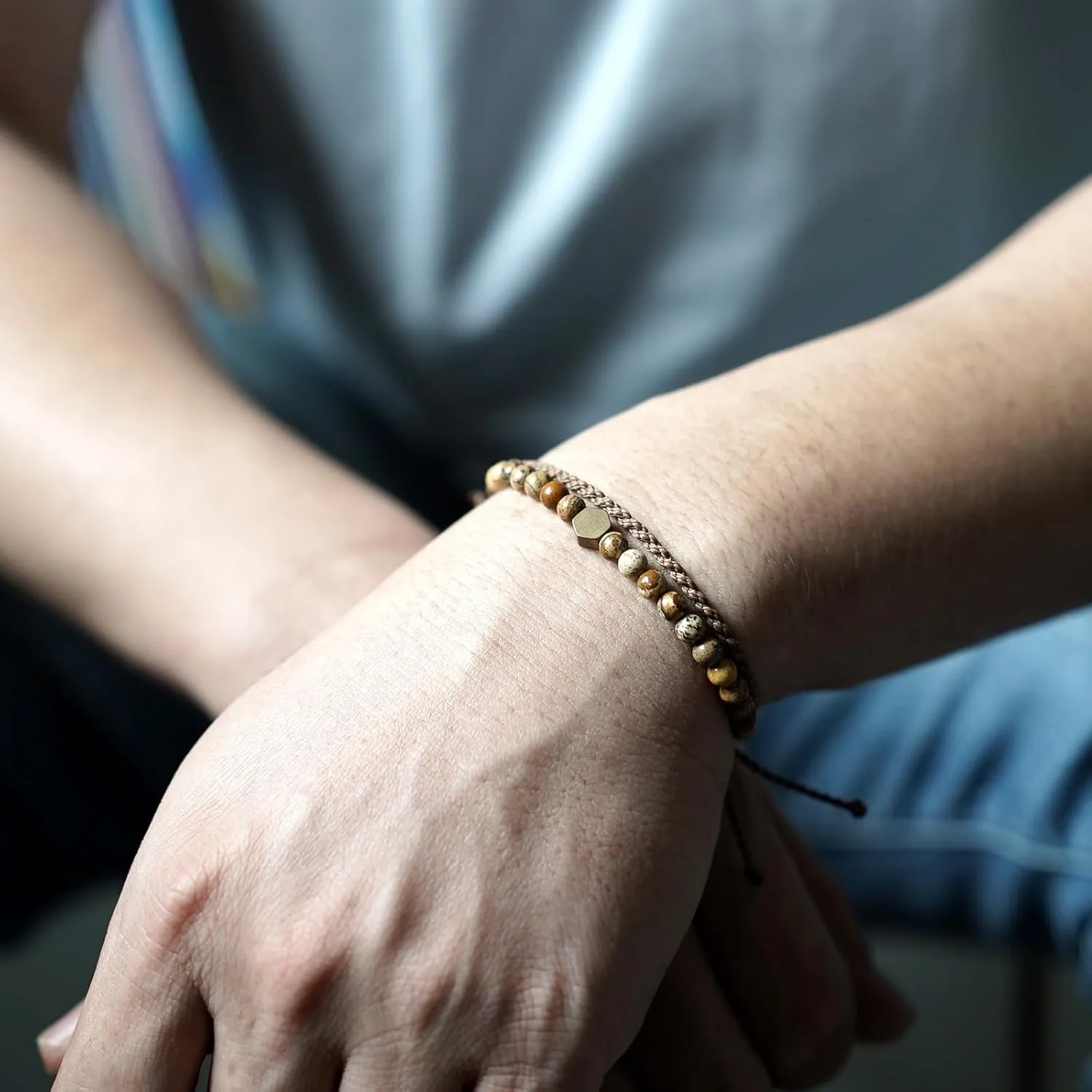 Handmade Natural Gemstone Beaded Healing Bracelet for Men, Adjustable Waterproof Rope String Bracelet with Hexagonal Retro Brass Bead (Picture Jasper, /)