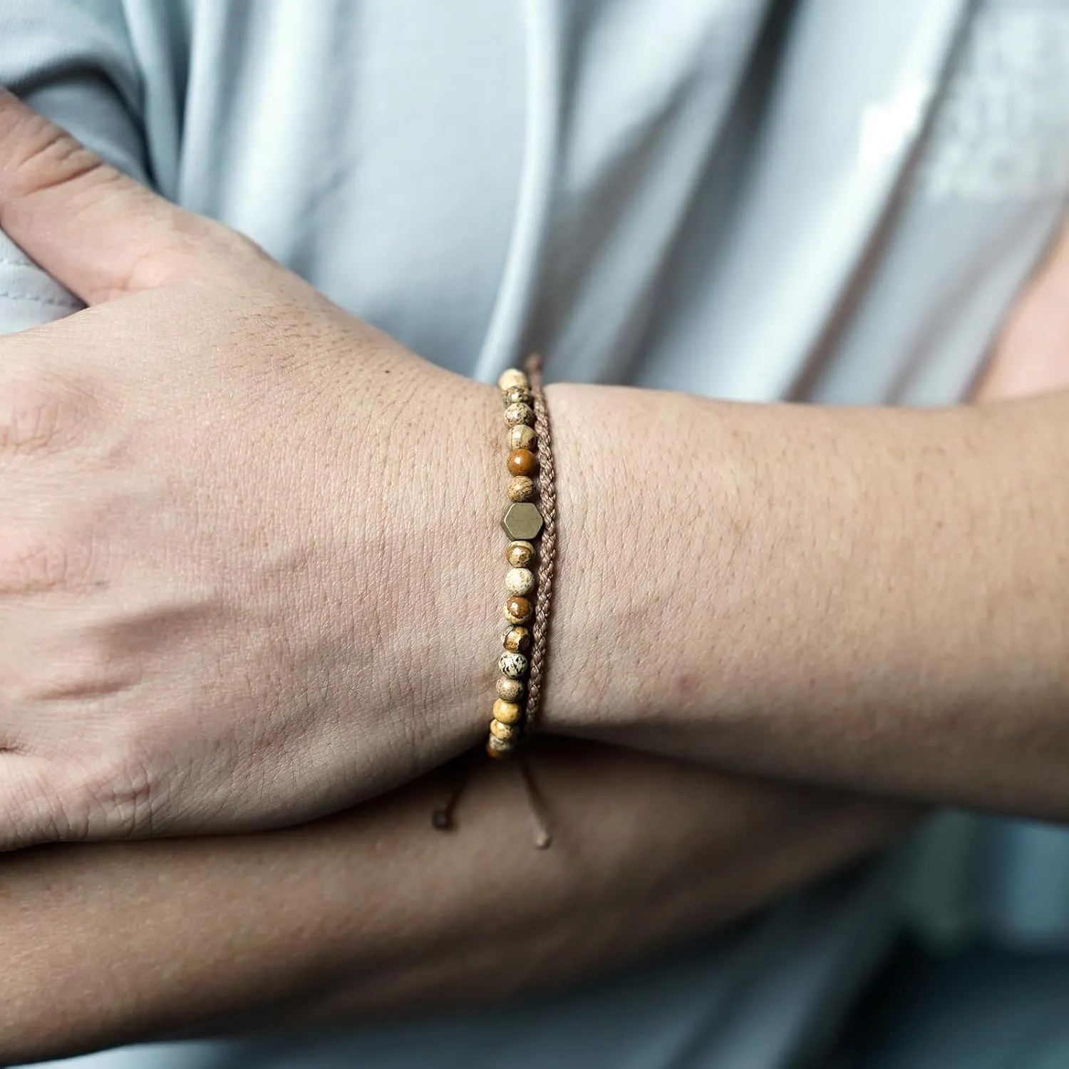 Handmade Natural Gemstone Beaded Healing Bracelet for Men, Adjustable Waterproof Rope String Bracelet with Hexagonal Retro Brass Bead (Picture Jasper, /)