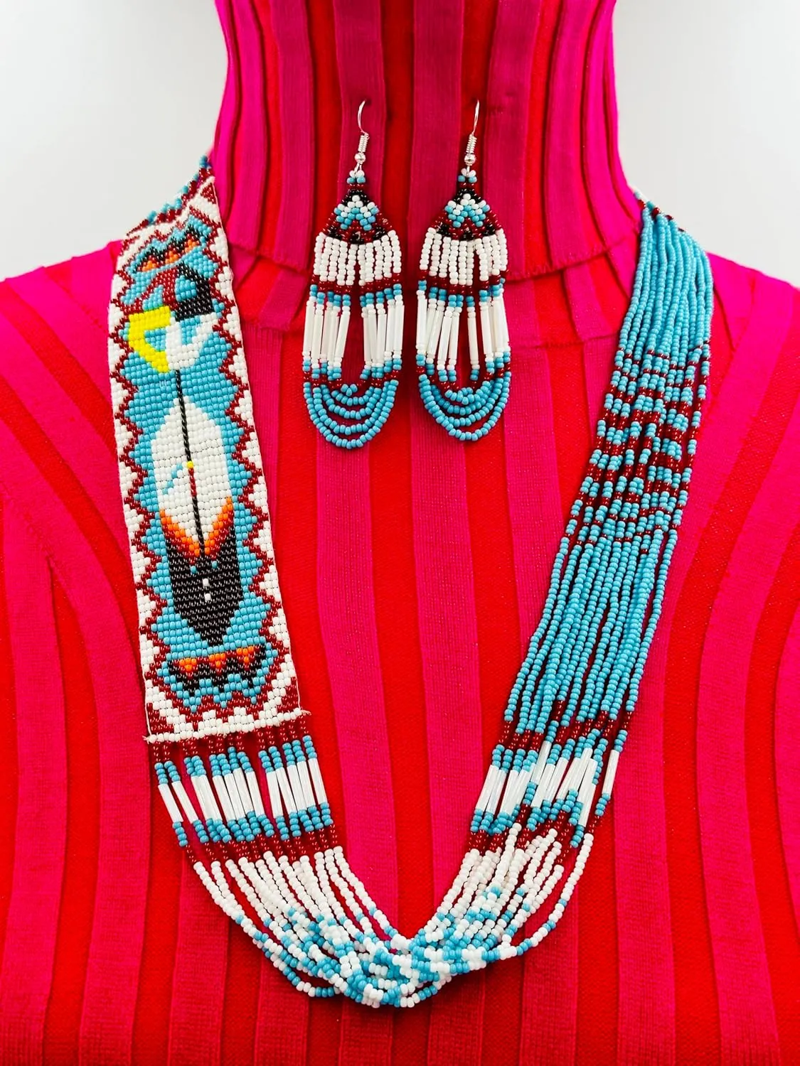 Handmade Necklace Earrings Set Layered Seed Beaded