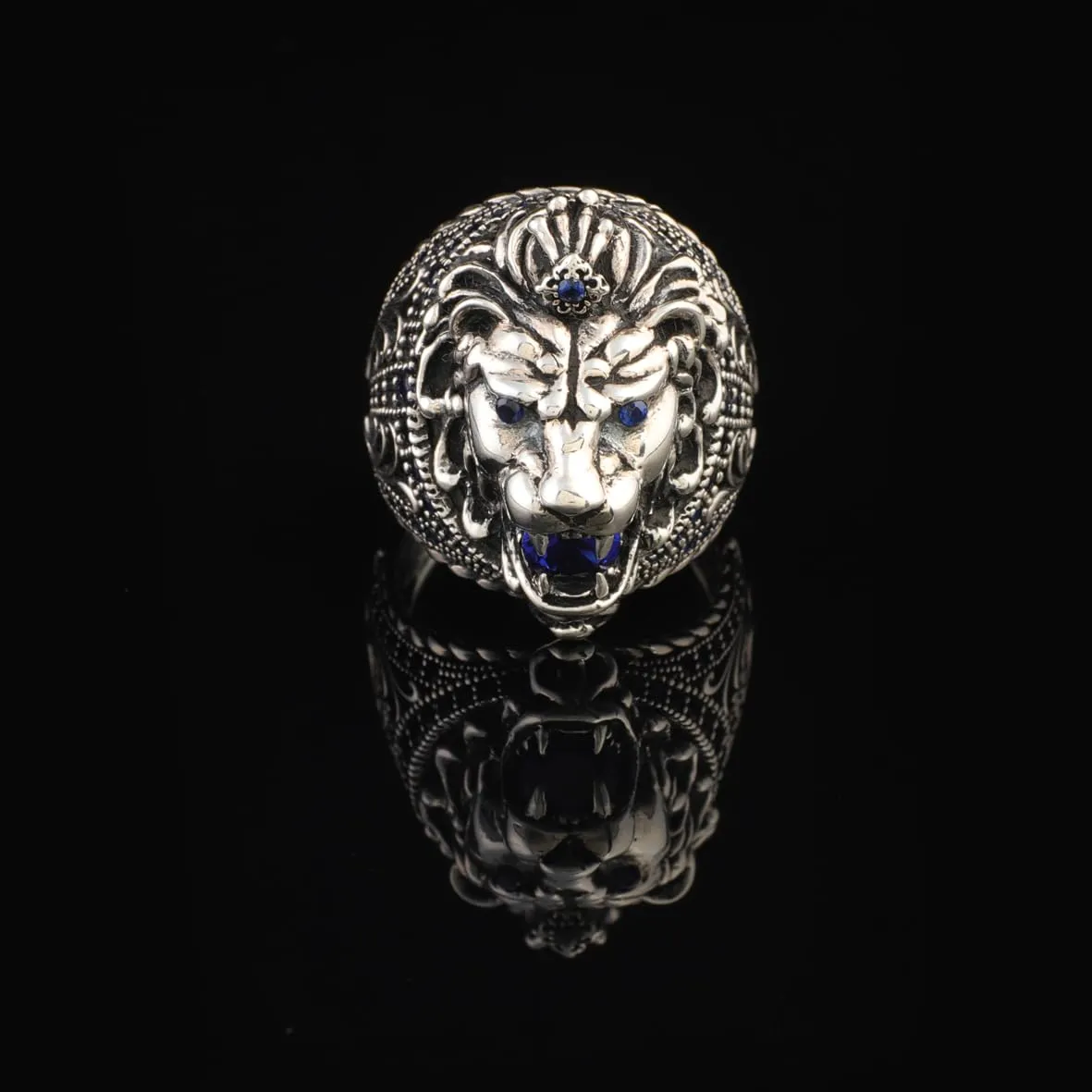 Handmade Sapphire Lion Pinky Ring - Vintage Ottoman Style Sterling Silver Animal Engagement Ring for Men with Gemstone & Custom Engraving, Includes Gift Silver Polishing Cloth (12)