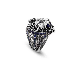 Handmade Sapphire Lion Pinky Ring - Vintage Ottoman Style Sterling Silver Animal Engagement Ring for Men with Gemstone & Custom Engraving, Includes Gift Silver Polishing Cloth (12)