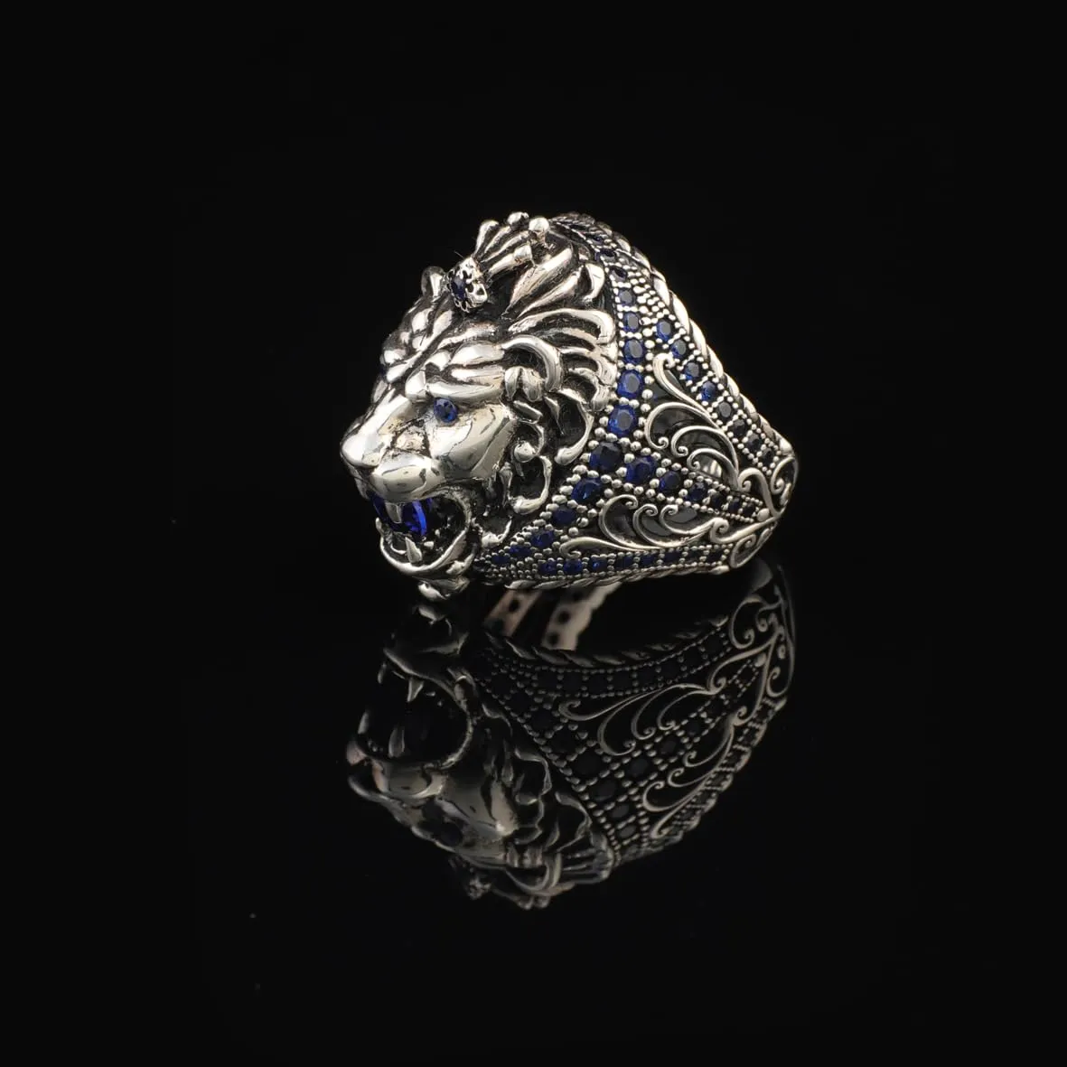 Handmade Sapphire Lion Pinky Ring - Vintage Ottoman Style Sterling Silver Animal Engagement Ring for Men with Gemstone & Custom Engraving, Includes Gift Silver Polishing Cloth (12)