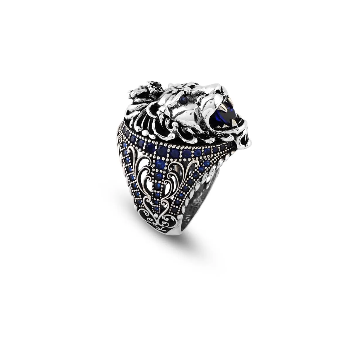 Handmade Sapphire Lion Pinky Ring - Vintage Ottoman Style Sterling Silver Animal Engagement Ring for Men with Gemstone & Custom Engraving, Includes Gift Silver Polishing Cloth (12)