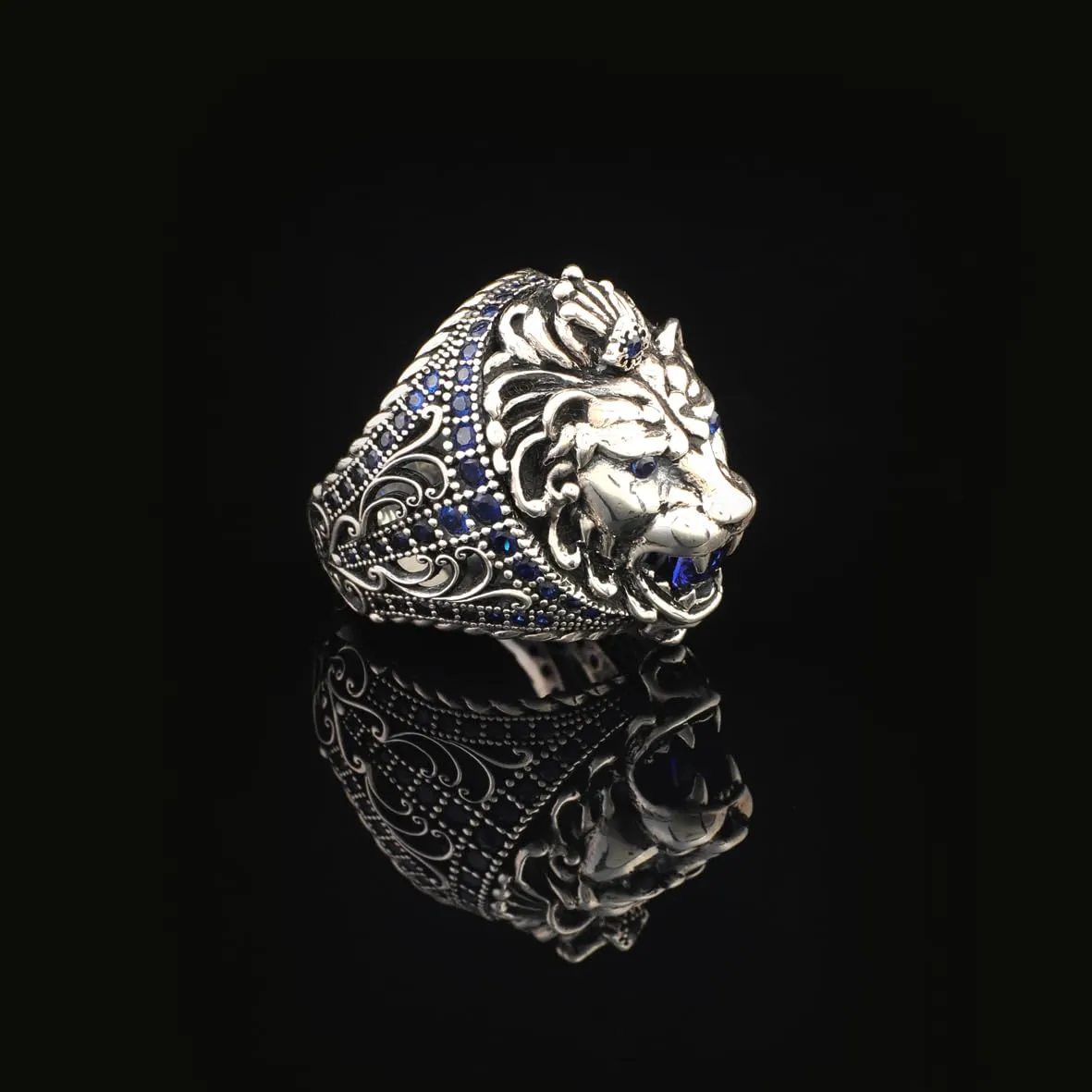 Handmade Sapphire Lion Pinky Ring - Vintage Ottoman Style Sterling Silver Animal Engagement Ring for Men with Gemstone & Custom Engraving, Includes Gift Silver Polishing Cloth (12)