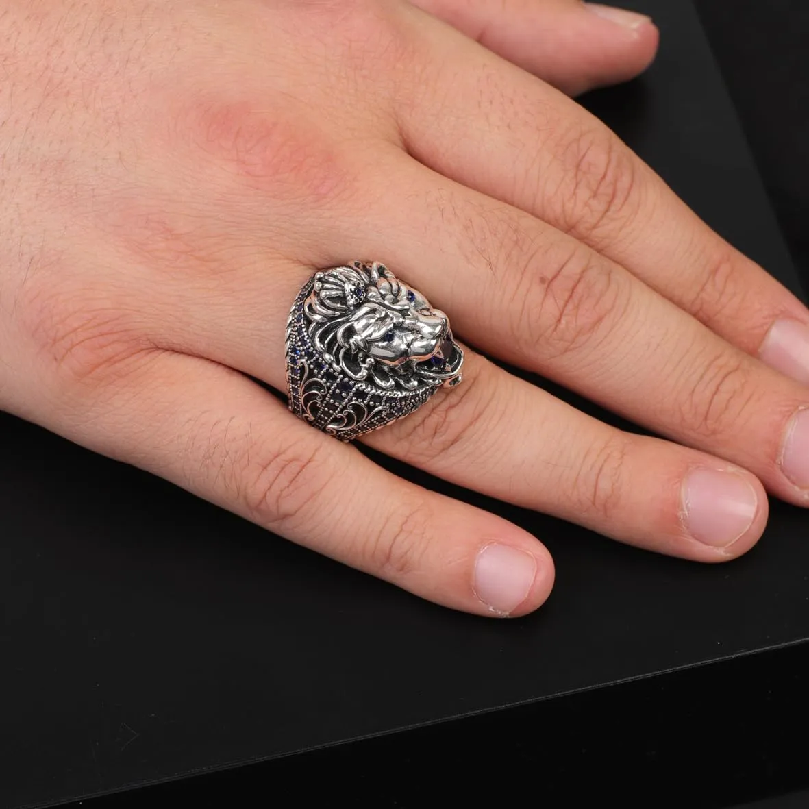 Handmade Sapphire Lion Pinky Ring - Vintage Ottoman Style Sterling Silver Animal Engagement Ring for Men with Gemstone & Custom Engraving, Includes Gift Silver Polishing Cloth (12)