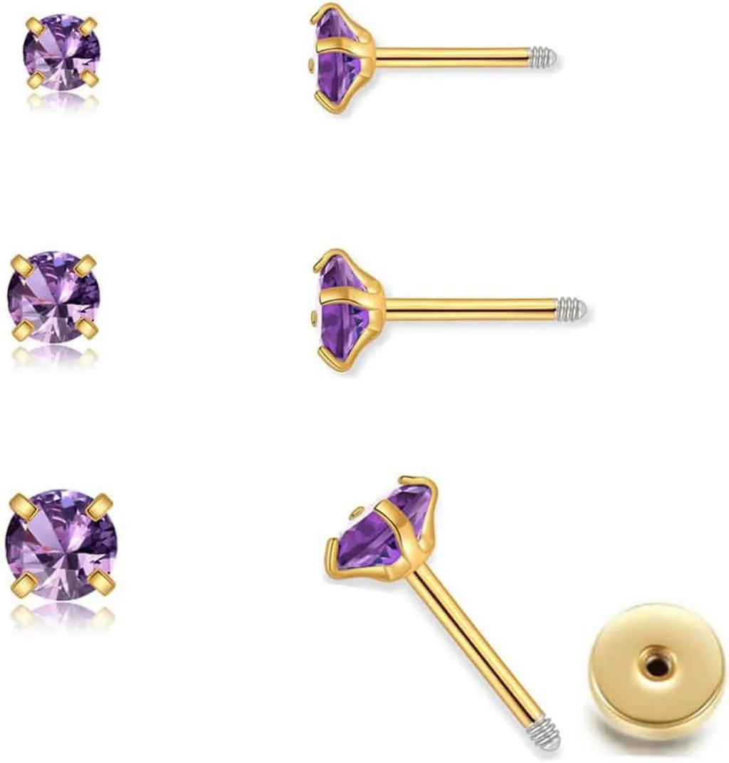 Handmade Tiny Flat Back Stud Earrings: 3 Pairs 14K Gold Plated Screw Flatback 2 3 4mm Cubic Zirconia Earrings Cartilage Piercing Jewelry for Women Helix Tragus Earlobe