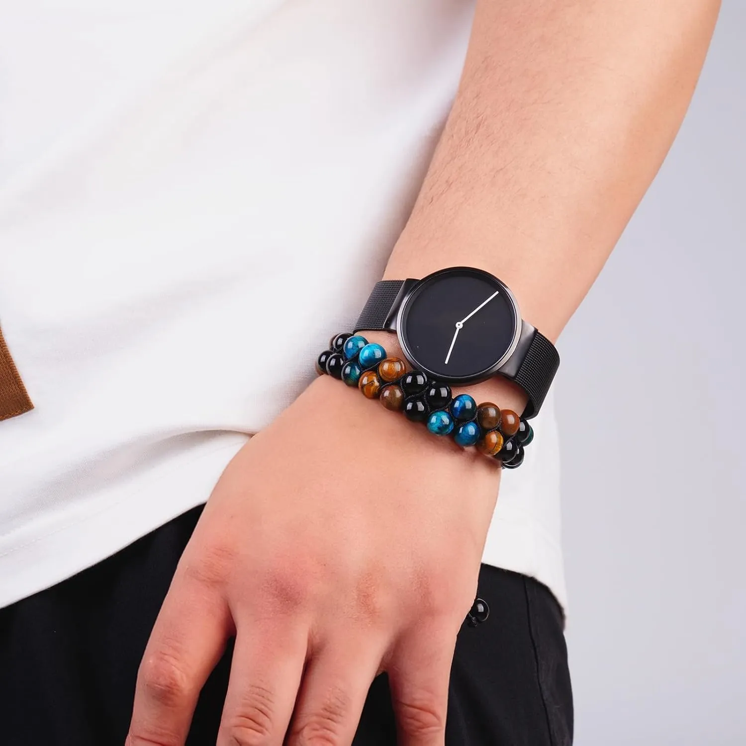 Handmade Triple Protection Bracelet,Bracelets for Men Women Natural Tiger Eye Jewelry Stone Hematite and Blue Stone Hematite 8mm Crystal Bracelet - Adjustable Size with Premium Gift-Box