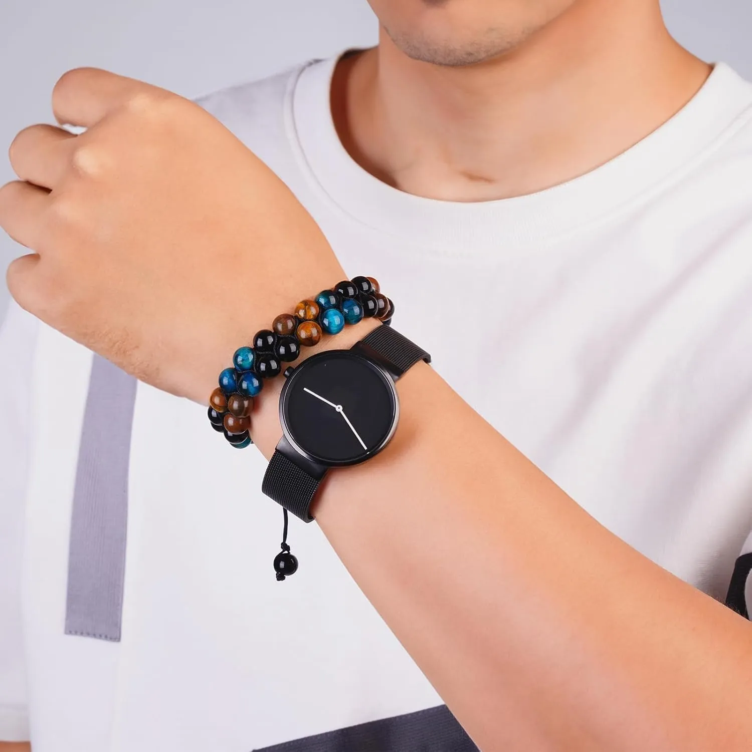 Handmade Triple Protection Bracelet,Bracelets for Men Women Natural Tiger Eye Jewelry Stone Hematite and Blue Stone Hematite 8mm Crystal Bracelet - Adjustable Size with Premium Gift-Box