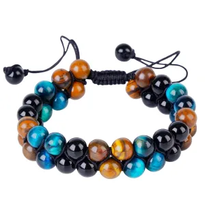 Handmade Triple Protection Bracelet,Bracelets for Men Women Natural Tiger Eye Jewelry Stone Hematite and Blue Stone Hematite 8mm Crystal Bracelet - Adjustable Size with Premium Gift-Box