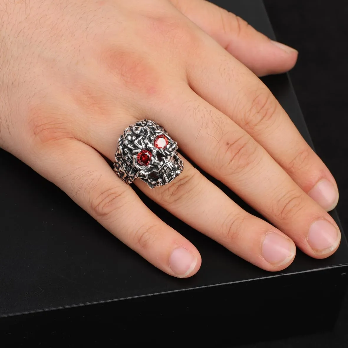 Handmade Vintage Skull Ring with Garnet Stone - Polished 925 Sterling Silver Men's Ring, Gemstone Engagement Ring with Custom Engraving & Silver Polishing Cloth Gift (9)