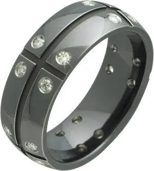 Harmonie Black Titanium Band with Diamonds Center Groove Comfort Fit 8mm Wide Wedding Ring for Him N Her