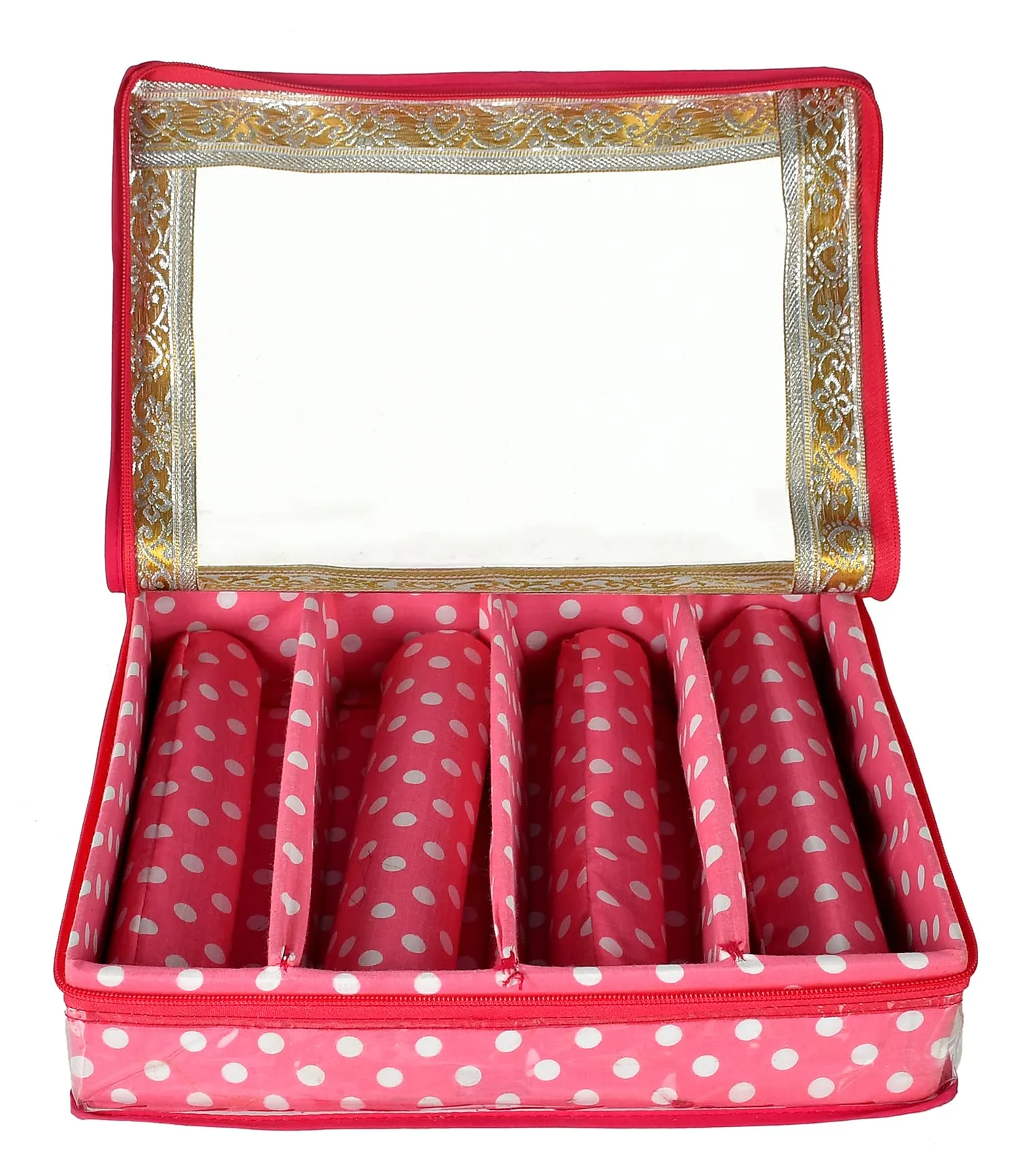 Heart Home Dot Printed Laminated 4 Rod Bangle, Chudi, Watches & Bracelet Box/Organizer With Transparent Top (Pink)-HS43HEARTH25541