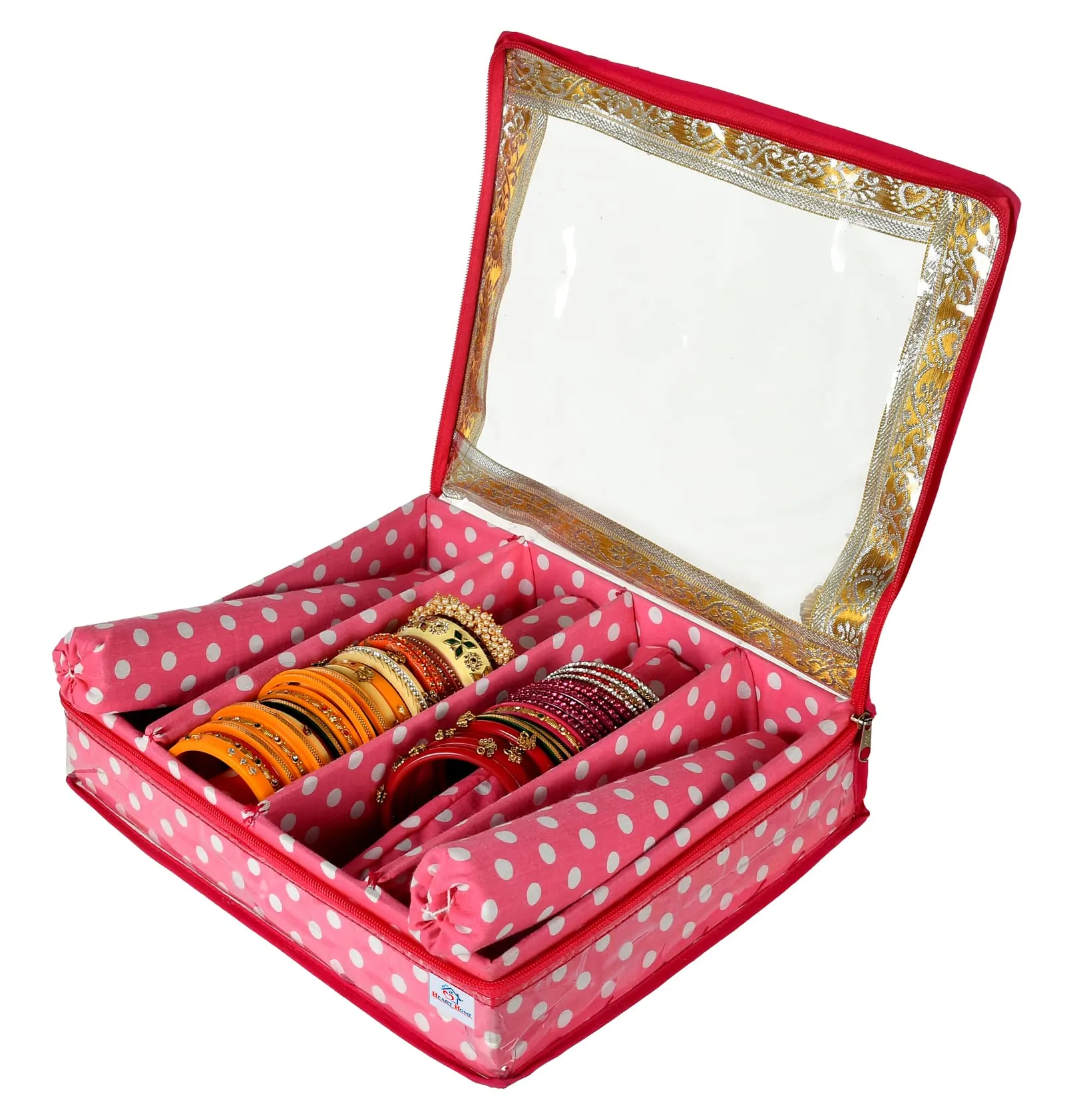 Heart Home Dot Printed Laminated 4 Rod Bangle, Chudi, Watches & Bracelet Box/Organizer With Transparent Top (Pink)-HS43HEARTH25541