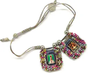 Hermosa pulsera escapulario en cuero bordado, con las estampas del sagrado corazon, Virgen del Carmen, Virgen de Guadalupe y San Miguel Arcngel. incluye oracion. 2,5cmsx3cms (Rainbow)