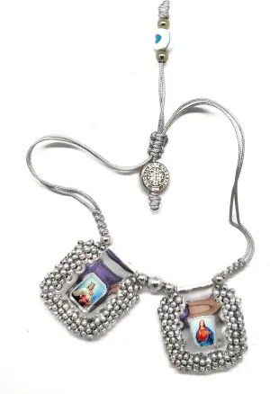 Hermosa pulsera escapulario en cuero bordado, con las estampas del sagrado corazon, Virgen del Carmen, Virgen de Guadalupe y San Miguel Arcngel. incluye oracion. 2,5cmsx3cms (Silver)