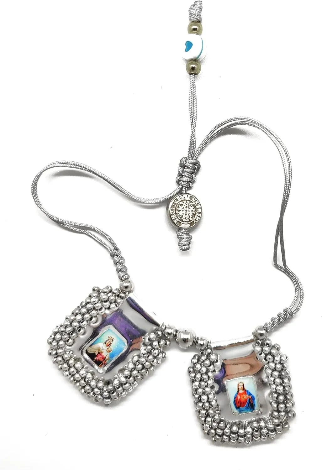 Hermosa pulsera escapulario en cuero bordado, con las estampas del sagrado corazon, Virgen del Carmen, Virgen de Guadalupe y San Miguel Arcngel. incluye oracion. 2,5cmsx3cms (Silver)