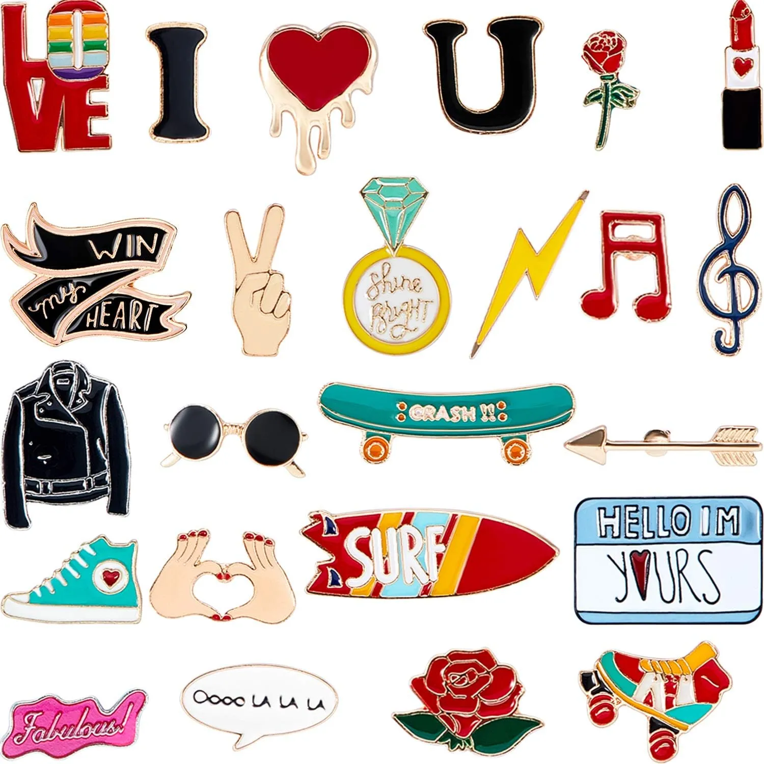 Hicarer 24 Pieces Valentines Day Lapel Pin Bulk Cute Lapel Set Jacket Heart Lipstick Ring Rose Flower Pins Brooch Badges for Women Valentine's Gifts
