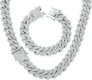 HIPBLING Miami Cuban Link Chain Bracelet Set for Men Diamond 2 Pcs Cuban Necklace Bracelet Gold Silver 20mm Iced Out Cuban Chain for Men Women Jewelry Set Gift