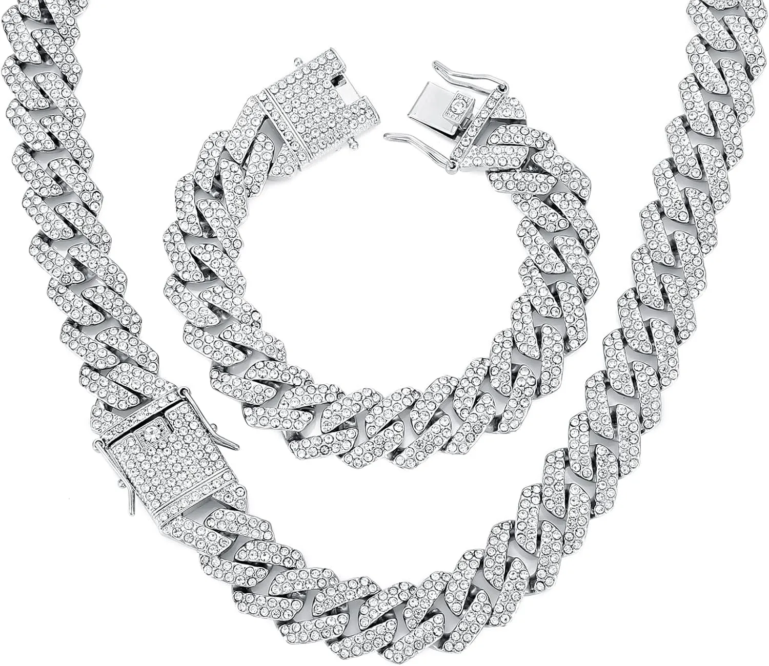 HIPBLING Miami Cuban Link Chain Bracelet Set for Men Diamond 2 Pcs Cuban Necklace Bracelet Gold Silver 20mm Iced Out Cuban Chain for Men Women Jewelry Set Gift