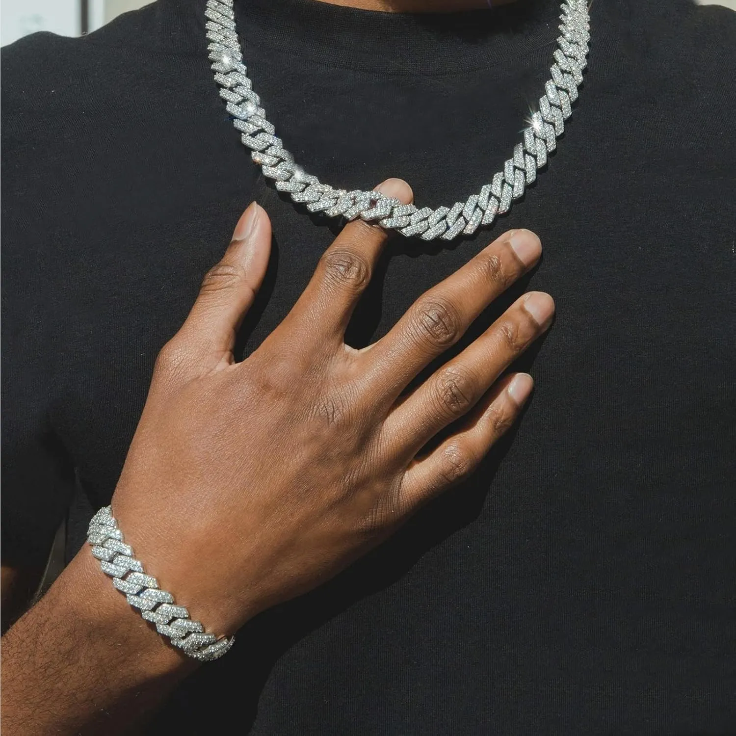 HIPBLING Miami Cuban Link Chain Bracelet Set for Men Diamond 2 Pcs Cuban Necklace Bracelet Gold Silver 20mm Iced Out Cuban Chain for Men Women Jewelry Set Gift
