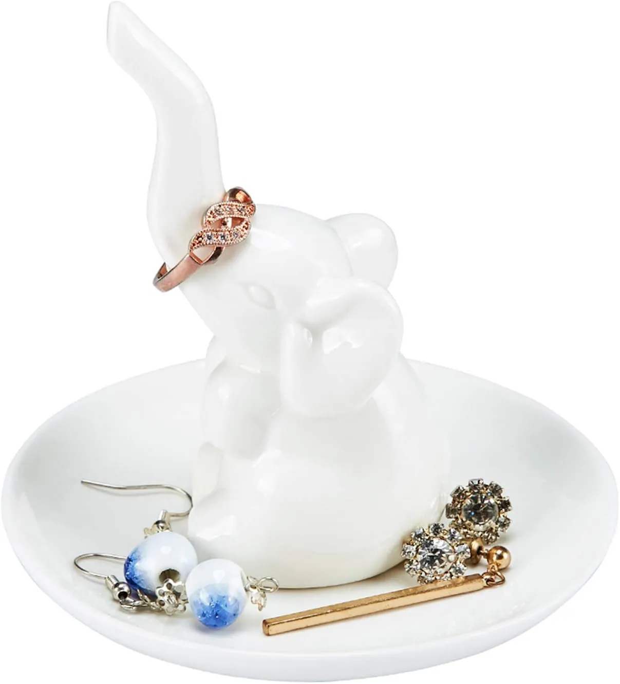 HOME SMILE Elephant Ring Dish Holder for Jewelry,Elephant Gifts for Women Chritsmas,Engagement Wedding Trinket Trays,Ceramic White