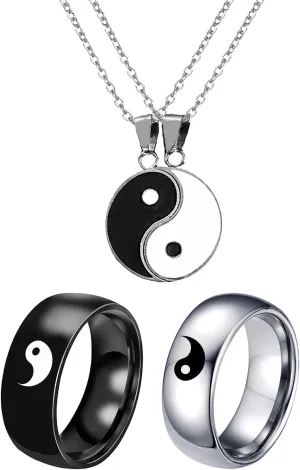 HUASAI 4Pcs Yin Yang Necklace Ring Set for Friend or Couple Rings with Necklace Set Yin Yang Couple Necklace Ring for Friendship Boyfriend Girlfriend