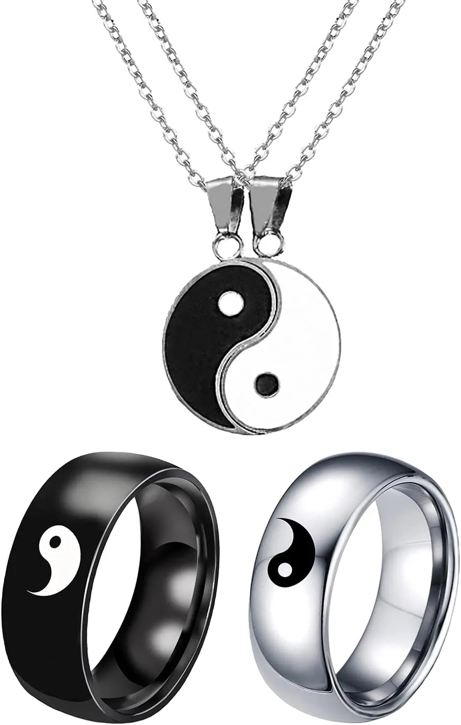 HUASAI 4Pcs Yin Yang Necklace Ring Set for Friend or Couple Rings with Necklace Set Yin Yang Couple Necklace Ring for Friendship Boyfriend Girlfriend