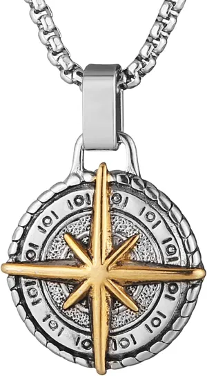 HZMAN Viking Nautical Compass Necklace for Men Stainless Steel Vintage Sailor Amulet Pendant Jewelry Gift with 24 Inch Chain (Silver & Gold)