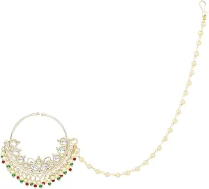 I Jewels Indian Wedding Bollywood Gold Plated Traditional Ethnic Bridal Nose Ring/Nath Without Piercing with Pearl Chain Encased with Pearl Stone for Women/s (NL62-70,71,72)