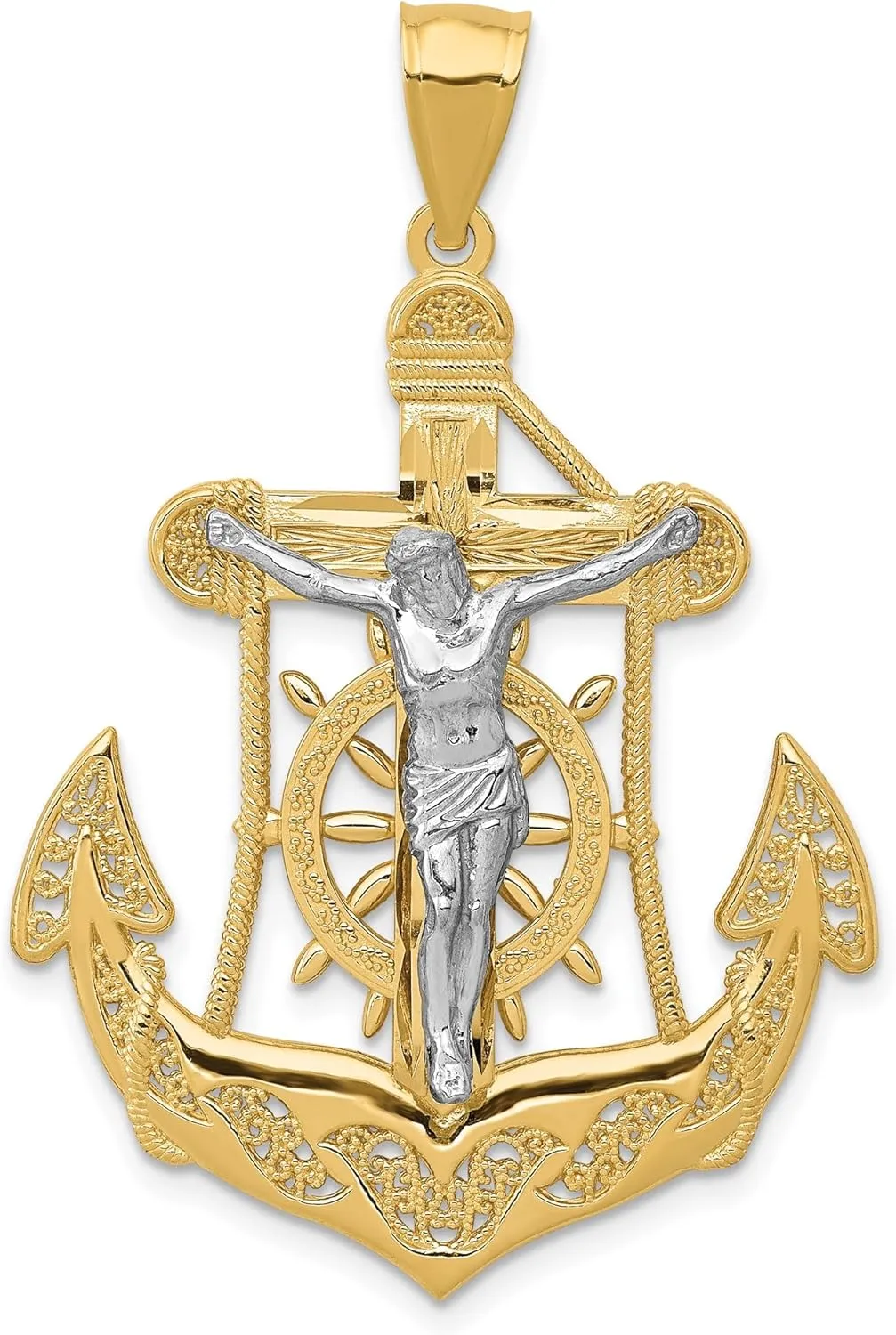 IceCarats 14K Solid Two Tone Gold Anchor Mariner Holy Cross Necklace Religious Chain Pendant Jesus Christ Nautical Charm